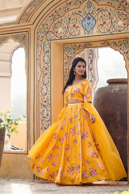 Yellow floral printed crop top and lehenga with dupatta - Set Of Three by  Alaya